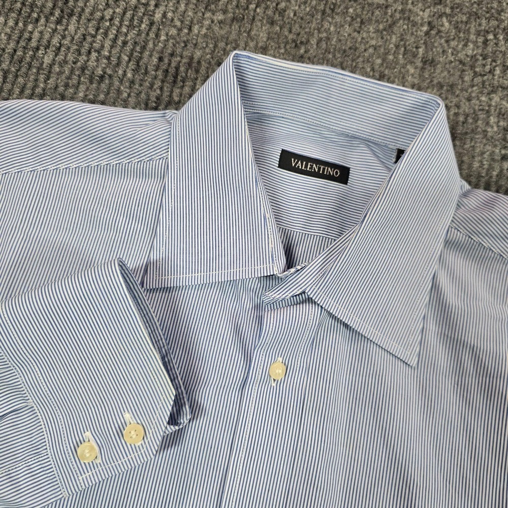 Valentino Shirt Mens XL Blue Stripe Long Sleeve Button Down Dress Point Collar